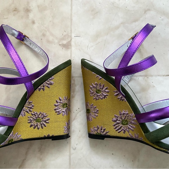 $940 LA DoubleJ Made in Italy Suede Leather Floral Ankle Strap Wedge Sandals 6 - Picture 7 of 13